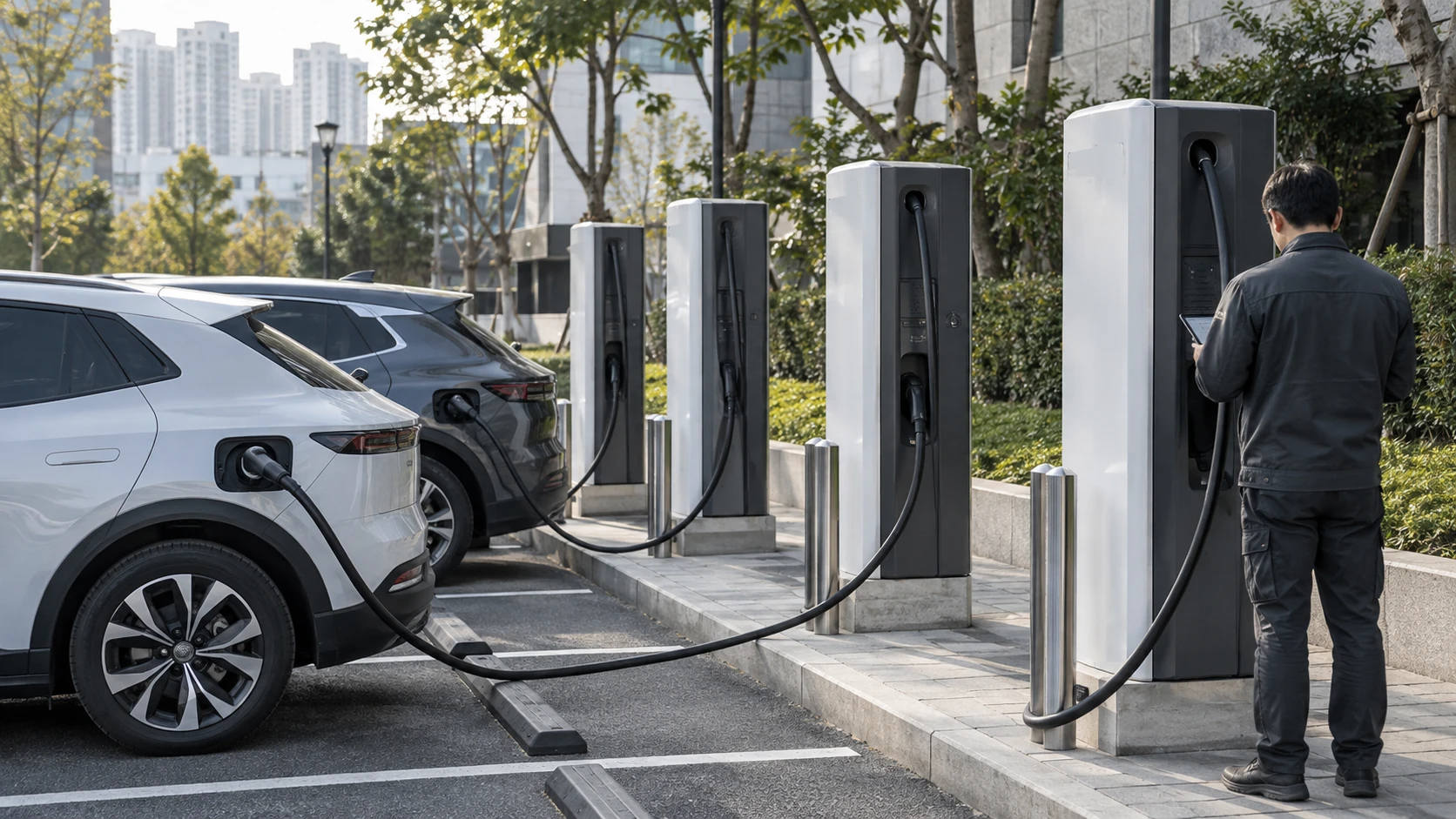 Illustrative charging operator inspecting an EV charger