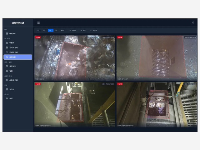 safety4cut 대시보드 화면, 좌측 메뉴와 2×2 CCTV 라이브뷰가 표시된 모습